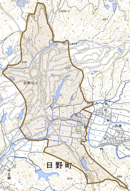 大字杣とその周辺の地図。町の範囲を重ねている