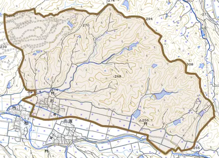 大字杉とその周辺の地図。町の範囲を重ねている