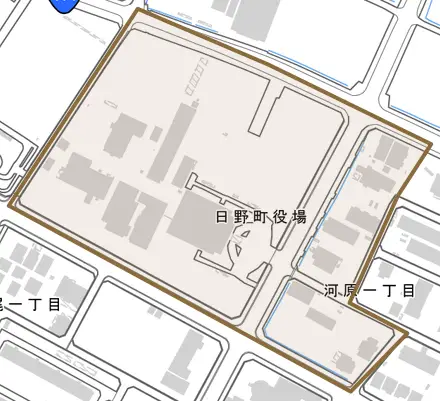 河原とその周辺の地図。町の範囲を重ねている