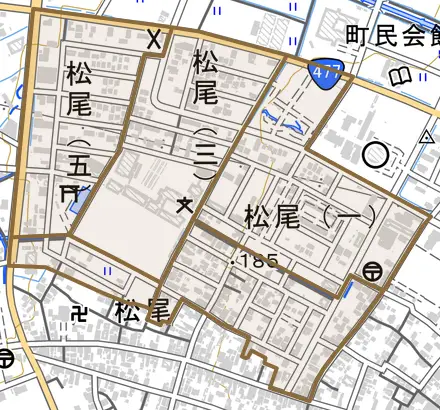 松尾とその周辺の地図。町の範囲を重ねている