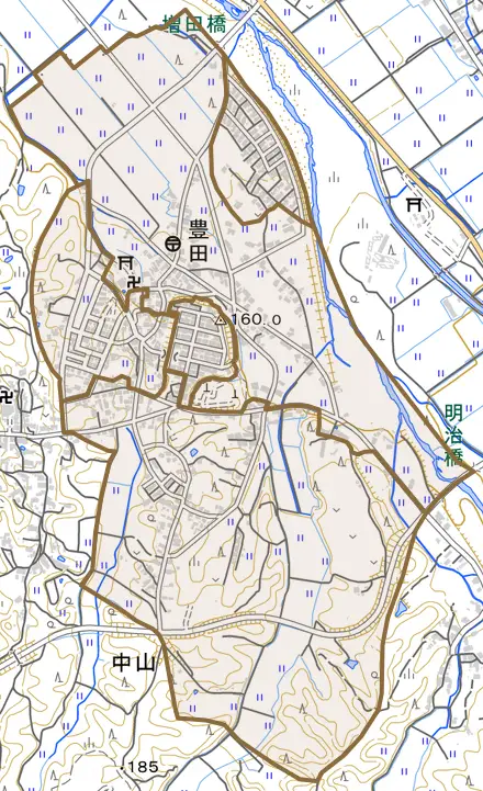 大字豊田とその周辺の地図。町の範囲を重ねている
