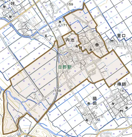 大字内池とその周辺の地図。町の範囲を重ねている