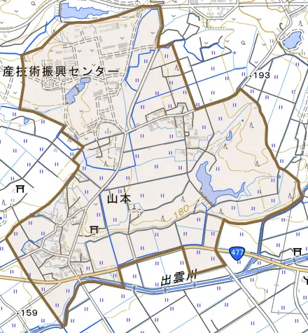 大字山本とその周辺の地図。町の範囲を重ねている