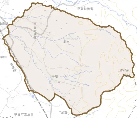 甲賀町油日とその周辺の地図。町の範囲を重ねている