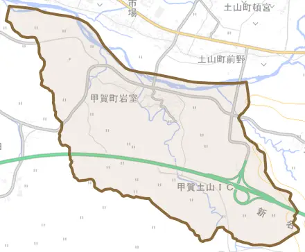 甲賀町岩室とその周辺の地図。町の範囲を重ねている