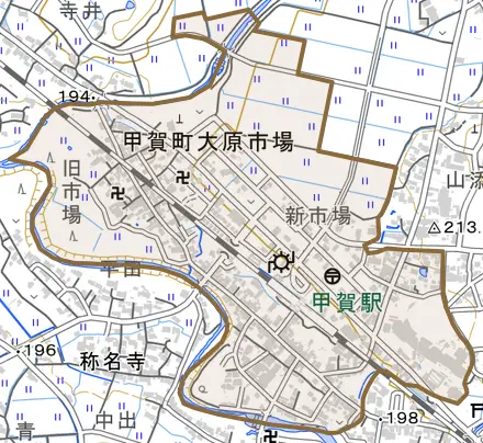 甲賀町大原市場とその周辺の地図。町の範囲を重ねている