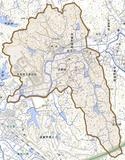 甲賀町隠岐とその周辺の地図。町の範囲を重ねている