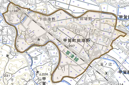 甲賀町田堵野とその周辺の地図。町の範囲を重ねている