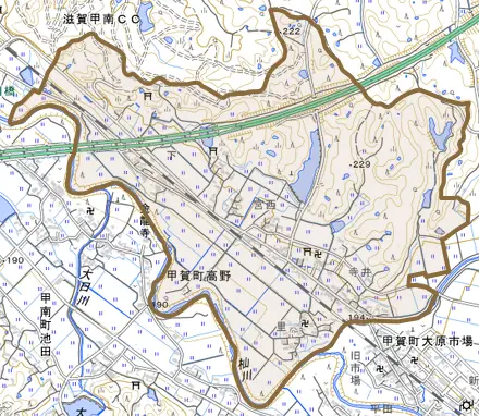 甲賀町高野とその周辺の地図。町の範囲を重ねている