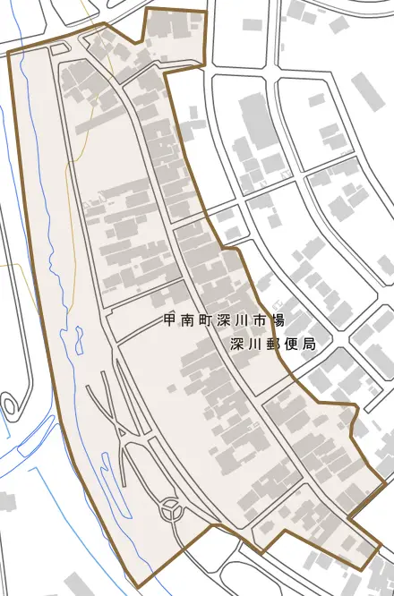 甲南町深川市場とその周辺の地図。町の範囲を重ねている