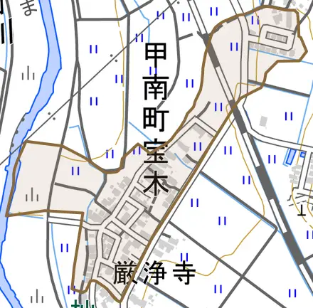 甲南町宝木とその周辺の地図。町の範囲を重ねている