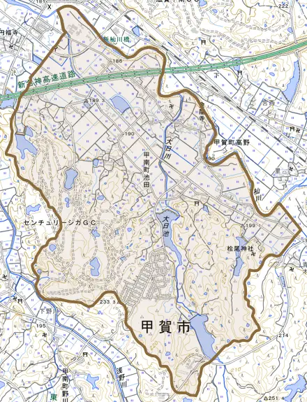 甲南町池田とその周辺の地図。町の範囲を重ねている