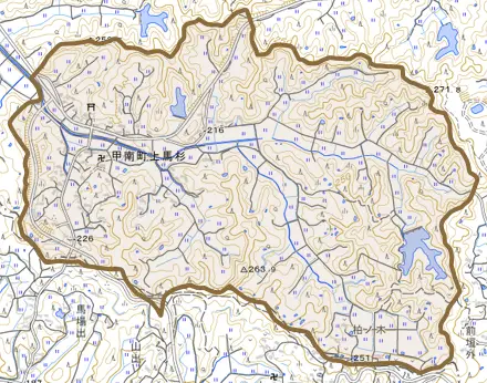 甲南町上馬杉とその周辺の地図。町の範囲を重ねている