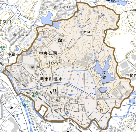 甲南町葛木とその周辺の地図。町の範囲を重ねている