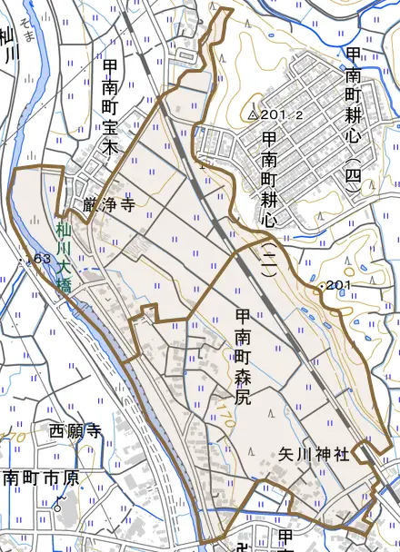 甲南町森尻とその周辺の地図。町の範囲を重ねている