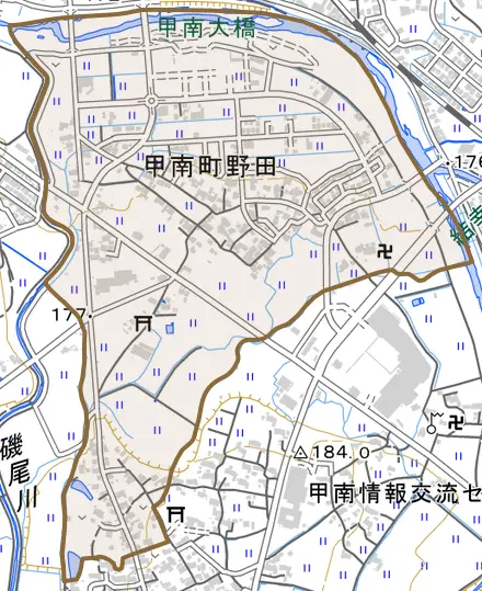 甲南町野田とその周辺の地図。町の範囲を重ねている