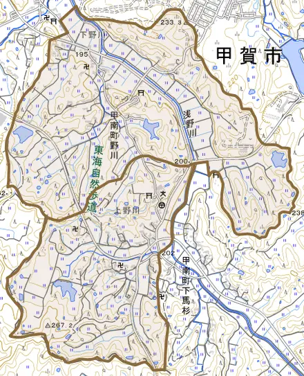 甲南町野川とその周辺の地図。町の範囲を重ねている
