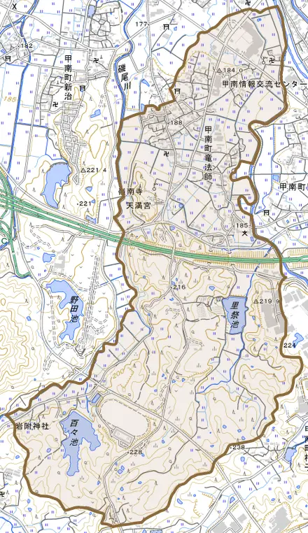 甲南町竜法師とその周辺の地図。町の範囲を重ねている