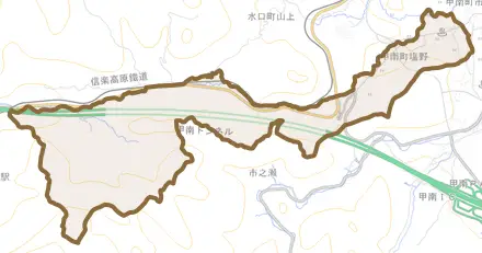 甲南町塩野とその周辺の地図。町の範囲を重ねている