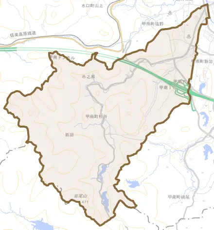 甲南町杉谷とその周辺の地図。町の範囲を重ねている