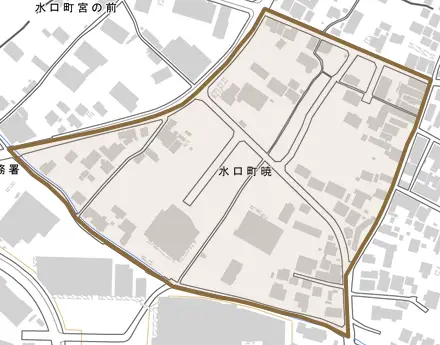 水口町暁とその周辺の地図。町の範囲を重ねている