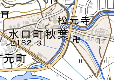 水口町秋葉とその周辺の地図。町の範囲を重ねている