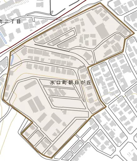水口町朝日が丘とその周辺の地図。町の範囲を重ねている