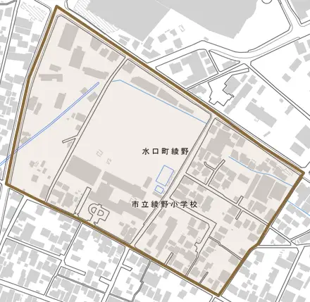 水口町綾野とその周辺の地図。町の範囲を重ねている