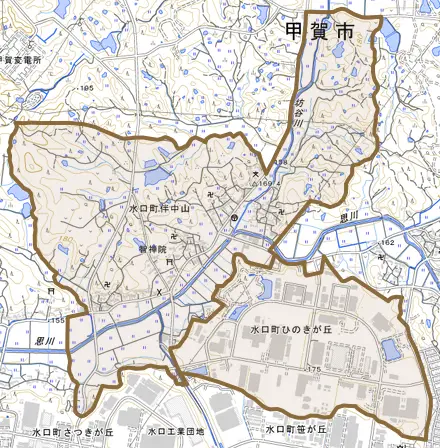 水口町伴中山とその周辺の地図。町の範囲を重ねている