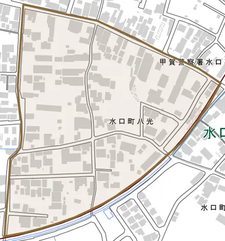 水口町八光とその周辺の地図。町の範囲を重ねている