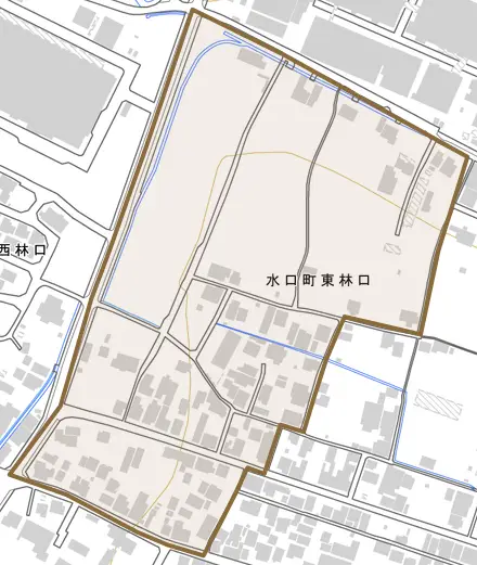 水口町東林口とその周辺の地図。町の範囲を重ねている