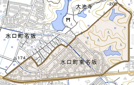 水口町東名坂とその周辺の地図。町の範囲を重ねている
