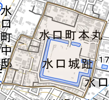 水口町本丸とその周辺の地図。町の範囲を重ねている