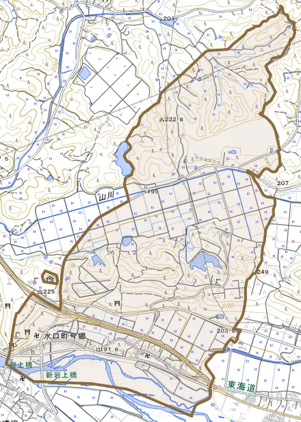 水口町今郷とその周辺の地図。町の範囲を重ねている