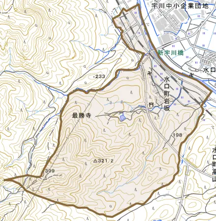 水口町岩坂とその周辺の地図。町の範囲を重ねている