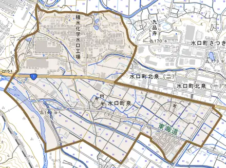 水口町泉とその周辺の地図。町の範囲を重ねている