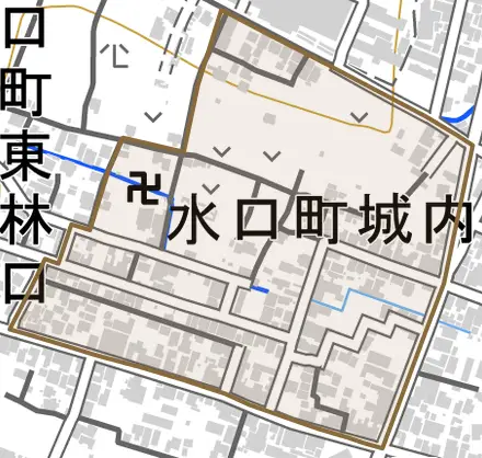 水口町城内とその周辺の地図。町の範囲を重ねている