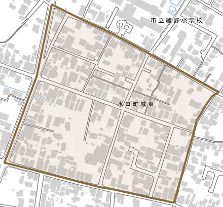 水口町城東とその周辺の地図。町の範囲を重ねている