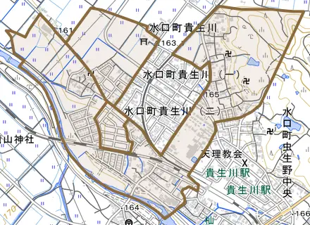 水口町貴生川とその周辺の地図。町の範囲を重ねている