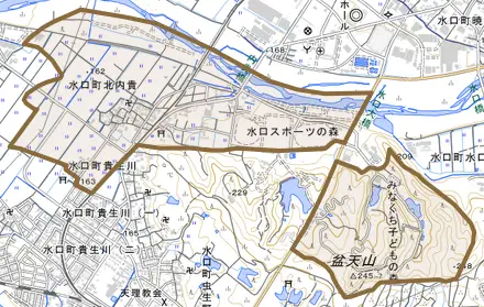水口町北内貴とその周辺の地図。町の範囲を重ねている