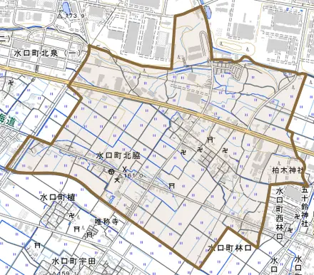 水口町北脇とその周辺の地図。町の範囲を重ねている