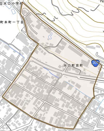 水口町京町とその周辺の地図。町の範囲を重ねている