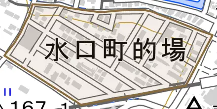 水口町的場とその周辺の地図。町の範囲を重ねている