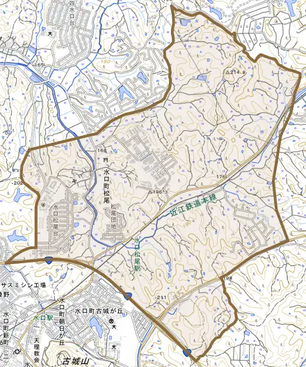 水口町松尾とその周辺の地図。町の範囲を重ねている