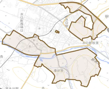 水口町水口とその周辺の地図。町の範囲を重ねている