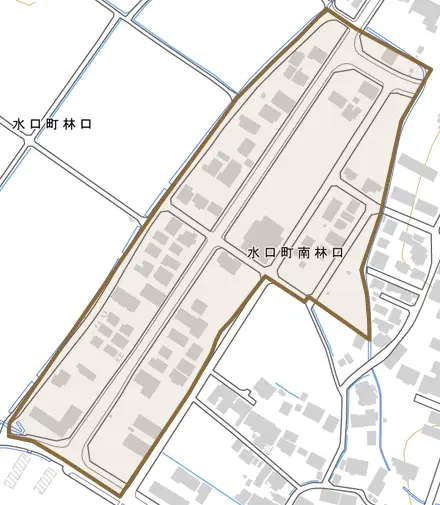 水口町南林口とその周辺の地図。町の範囲を重ねている