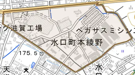 水口町本綾野とその周辺の地図。町の範囲を重ねている