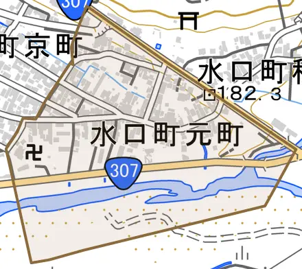 水口町元町とその周辺の地図。町の範囲を重ねている
