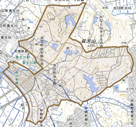 水口町虫生野とその周辺の地図。町の範囲を重ねている