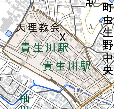 水口町虫生野中央とその周辺の地図。町の範囲を重ねている